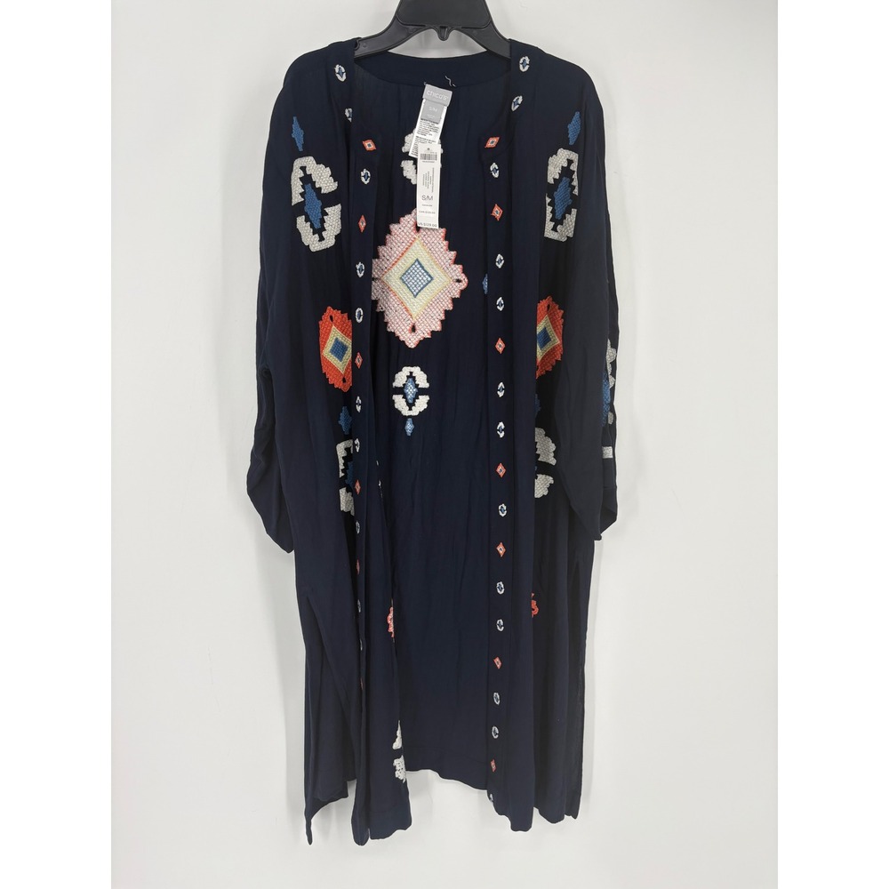 Chico's Kimono Women S/M Navy Blue Embroidered Geometric Open Front Duster Layer